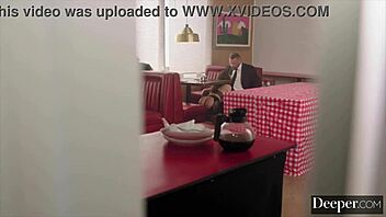 Chanel Camryn worships dom's cock submissively in restaurant, riding deepthroat to facial cum.