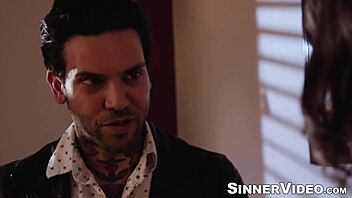 tattooed guy licks shaved milf pussy in rough missionary pounding