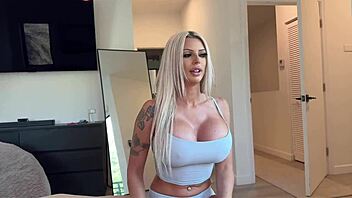 Big tits blonde milf catches guy watching porn and joins