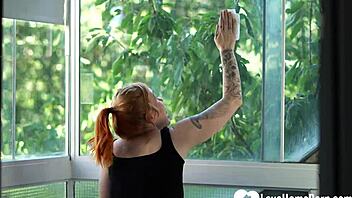 redhead cleaning lady in fishnets begs for deep cock ride after hardcore temptation