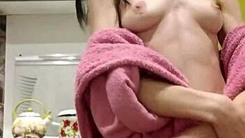 Raven-Haired Petite Rubs Fucks Tight Kitchen Pussy