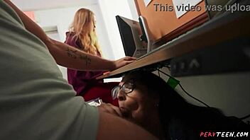 pervteen sneaks deepthroat blowjob under classroom desk publicly