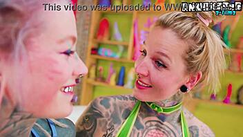 Bold Tattooed Latex Lesbians Strapon Fuck Fest