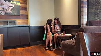 skinny students flash at starbucks pickup guys for public anal group sex