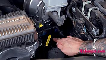 mechanic daddy shows petite young babe how to handle his dipstick