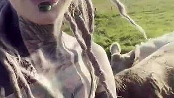 hippy country girl with tattoos chats naughty about her blackwork bodysuit