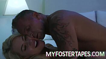 Allie Nicole seduces foster parents in full bedroom orgy.