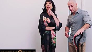 Watch this tiny pornstar deepthroat and fuck the vacuum salesman hard