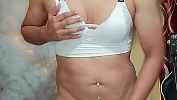 detailed view of sexy white transsexual's curves and cock play
