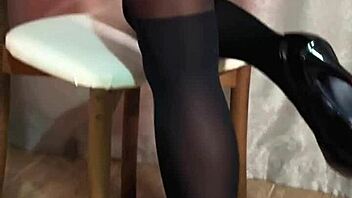 Bitch in pantyhose swallows every drop without spilling!