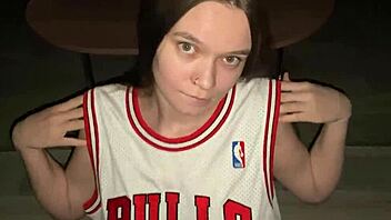 brunette babe kneels deepthroats cum on big natural tits