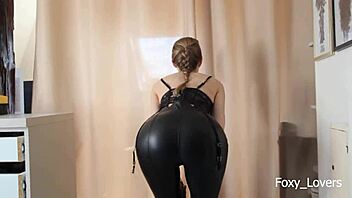 sexy milf in leather lets me cum epic on her pants trailer