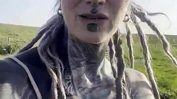 hippy country girl with tattoos chats naughty about her blackwork bodysuit