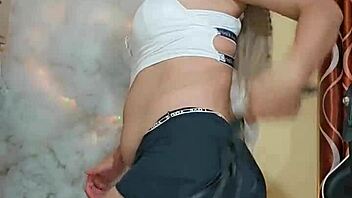 detailed view of sexy white transsexual's curves and cock play