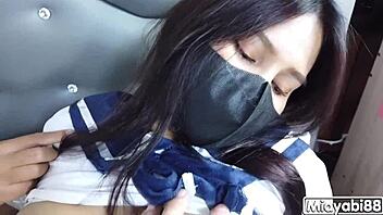 Thai student slut creampied by big cock in sexy net stockings cosplay