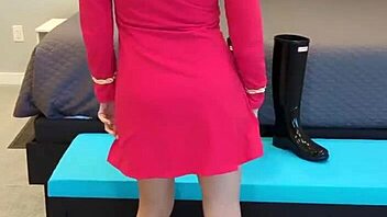 redhead milf struts in boots and dress for bold fetish roleplay