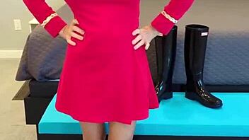 redhead milf struts in boots and dress for bold fetish roleplay