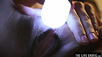 sleepless teen rubs clit closeup with toy at night 🌙