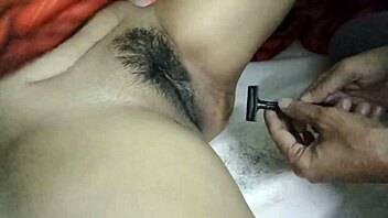 couple shaves smooth pussy with big cock nearby