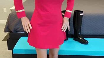 redhead milf struts in boots and dress for bold fetish roleplay