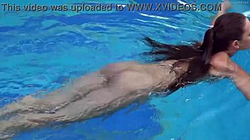 hungarian babe sazan swims naked teasing poolside
