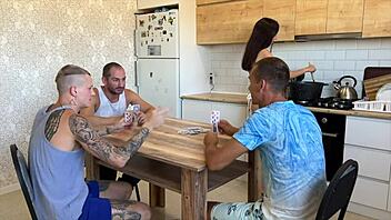 hey dude you lost your wife at cards now she takes triple creampie on kitchen table