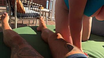 BbW Blonde Sloppy Handjob Balcony Ocean View