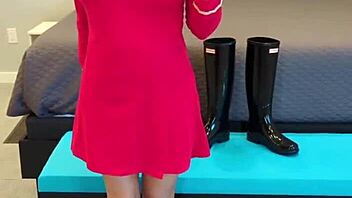 redhead milf struts in boots and dress for bold fetish roleplay