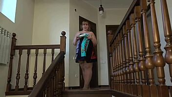 Beautiful bbw showers then masturbates to orgasm on stairs gaping hairy pussy