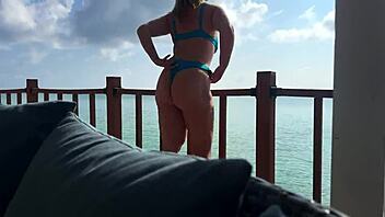 BbW Blonde Sloppy Handjob Balcony Ocean View