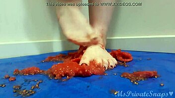crushing tomatoes gets my bare feet so messy wet