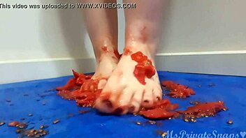 crushing tomatoes gets my bare feet so messy wet