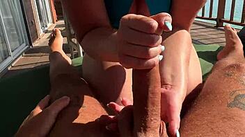 BbW Blonde Sloppy Handjob Balcony Ocean View