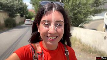 crazy public bush blowjob ends in stranger's massive cum covered walk