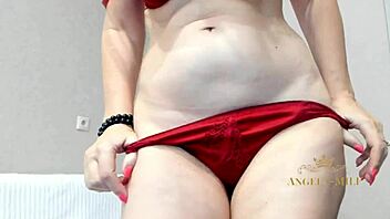 stunning milf angela hides her huge saggy tits and hairy pussy under evening dress before stripping