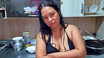 Horny milf squirts hard in kitchen orgasm
