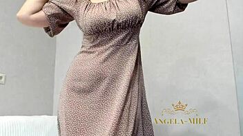stunning milf angela hides her huge saggy tits and hairy pussy under evening dress before stripping