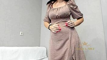 stunning milf angela hides her huge saggy tits and hairy pussy under evening dress before stripping
