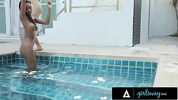 gorgeous petite brunette oiled massage foreplay teases bestie poolside