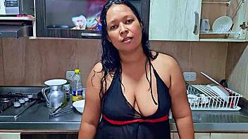 Horny milf squirts hard in kitchen orgasm