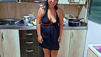 Horny milf squirts hard in kitchen orgasm