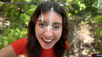 crazy public bush blowjob ends in stranger's massive cum covered walk