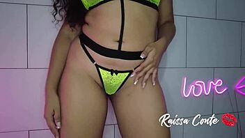 Sexy lingerie Brazilian brunette rides big cock after sloppy blowjob creampie