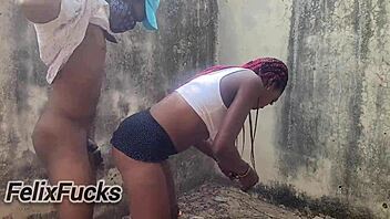 Bent over ebony slut skirt fuck outdoors