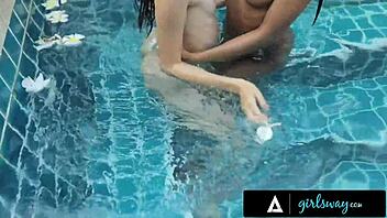 gorgeous petite brunette oiled massage foreplay teases bestie poolside
