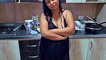 Horny milf squirts hard in kitchen orgasm