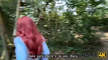 redhead whore flashes natural tits cheating publicly on street pickup