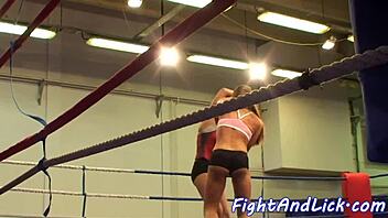 Dykes wrestle fingering pussies in lesbian fight