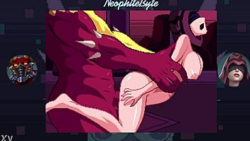 dominant figure bends seris over for rough doggy domination in retro game style