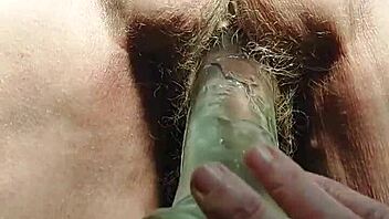 Granny Slut Fucks Hairy Beaver Hard with Giant Dildo!